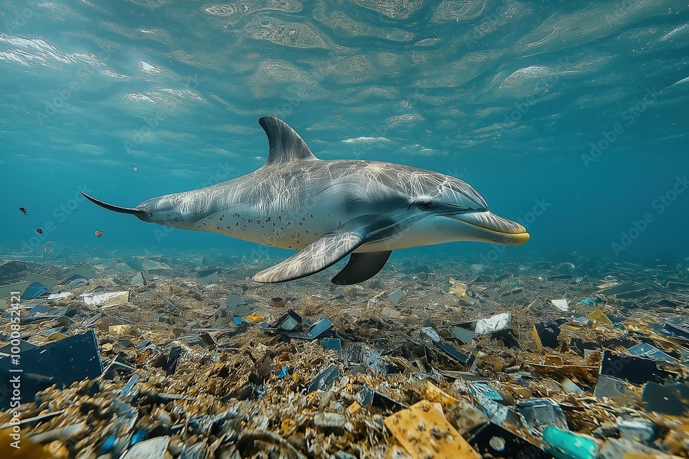 Obraz premium Dolphin swimming above ocean pollution. Urgent need for marine conservation and plastic waste reduction