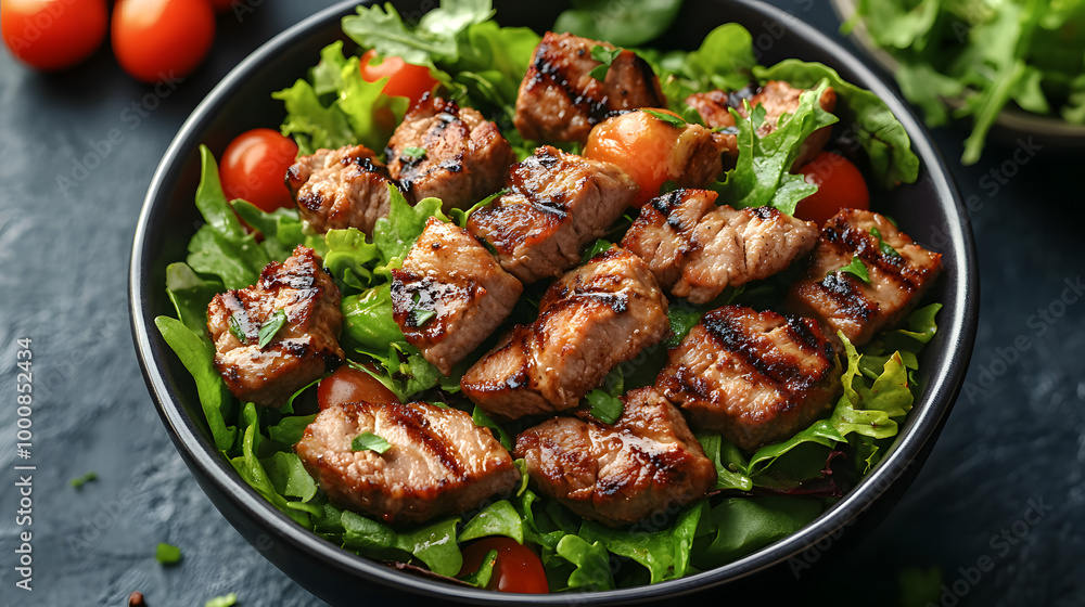 White Bowl of Salad with Dark Brown Meat on Top, Including Fresh Vegetables
White Bowl of Salad with Dark Brown Meat on Top, Including Fresh Vegetables