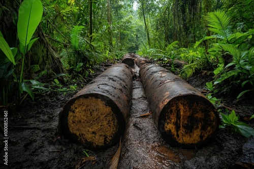 Felled trees in lush rainforest. Deforestation and environmental degradation in tropical ecosystems photo