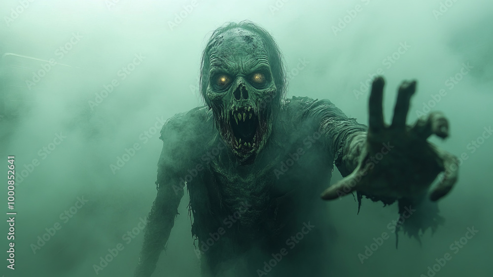 A hungry zombie with crazy eyes tries to approach its victim through the fog A hungry zombie with crazy eyes tries to approach its victim through the fog