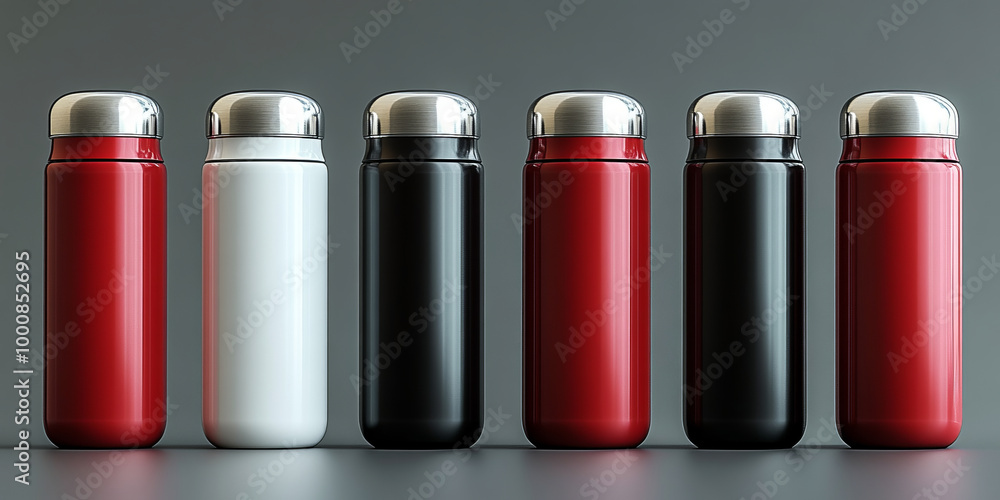 White, Black, Red and Silver Empty Glossy Metal Thermos Water Bottle White, Black, Red and Silver Empty Glossy Metal Thermos Water Bottle