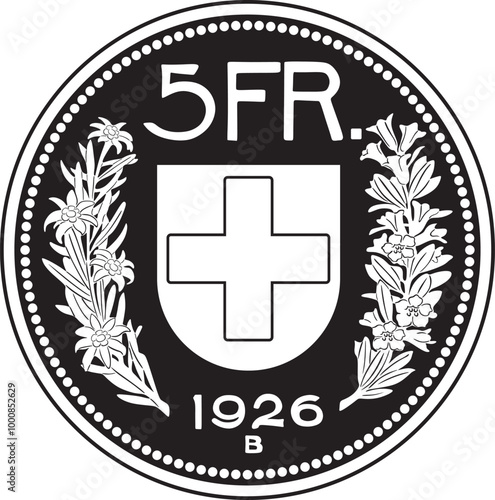 Switzerland 5 francs coin 1926 vector design handmade silhouette.