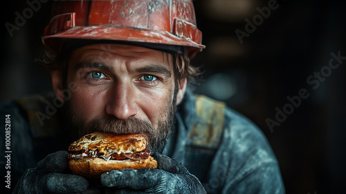 A man in a hard hat taking a break to eat a sandwich, A construction worker taking a break to refuel with a sandwich