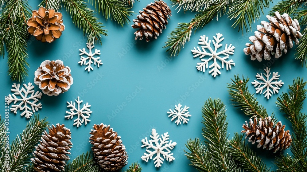 Charming Winter Decor with Pine Cones and Snowflakes on a Blue Background Charming Winter Decor with Pine Cones and Snowflakes on a Blue Background