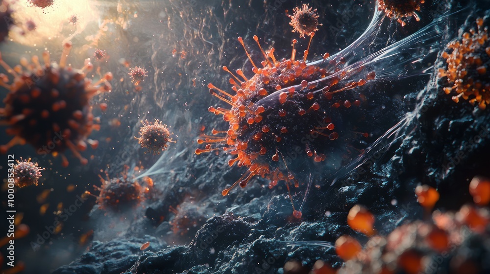 Obraz premium Nano World Encounter: 3D Visualization of a Complex Virus Particle Engaging with Host Cells