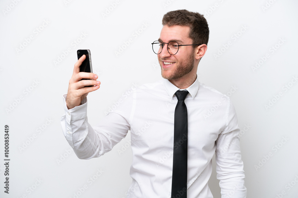 Young business caucasian man isolated on white background making a selfie Young business caucasian man isolated on white background making a selfie