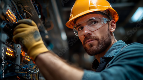 An electrician is wiring the house Electrician Working on Electrical Wiring in a New Construction