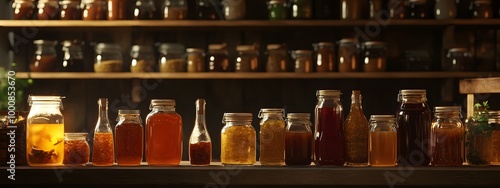 An elegant and well-organized home pantry with shelves filled with jars of homemade jam