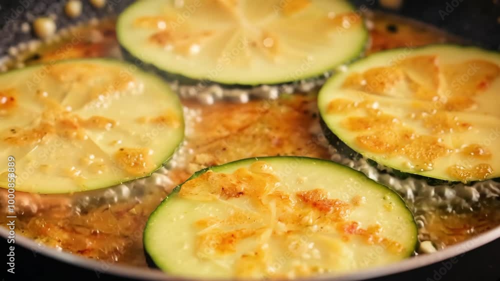 Zucchini slices sizzling in olive oil with golden crispy edges in pan Zucchini slices sizzling in olive oil with golden crispy edges in pan