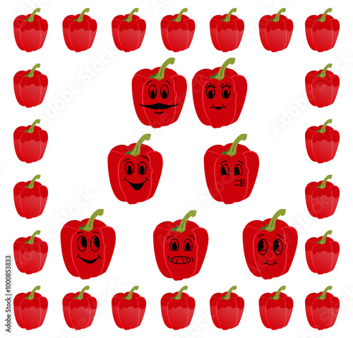 Cute red pepper seamless pattern. Food background. White wallpaper. Vector flat illustration.