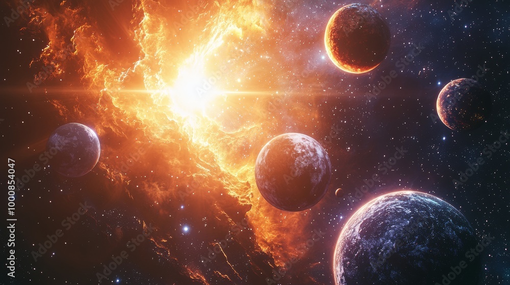 Obraz premium A bright star casts light on orbiting planets, highlighting them against a backdrop of nebulae and twinkling stars.