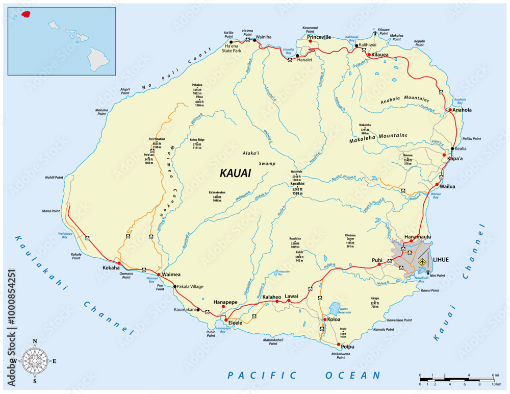 Road map of the hawaiian island of kauai, united states