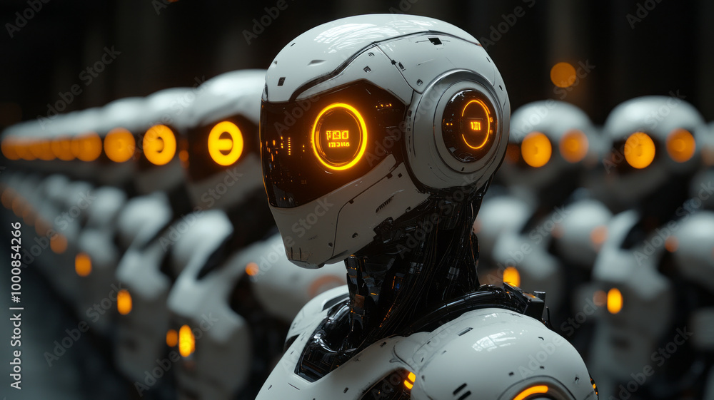 Futuristic robots with glowing eyes in precise formation Futuristic robots with glowing eyes in precise formation