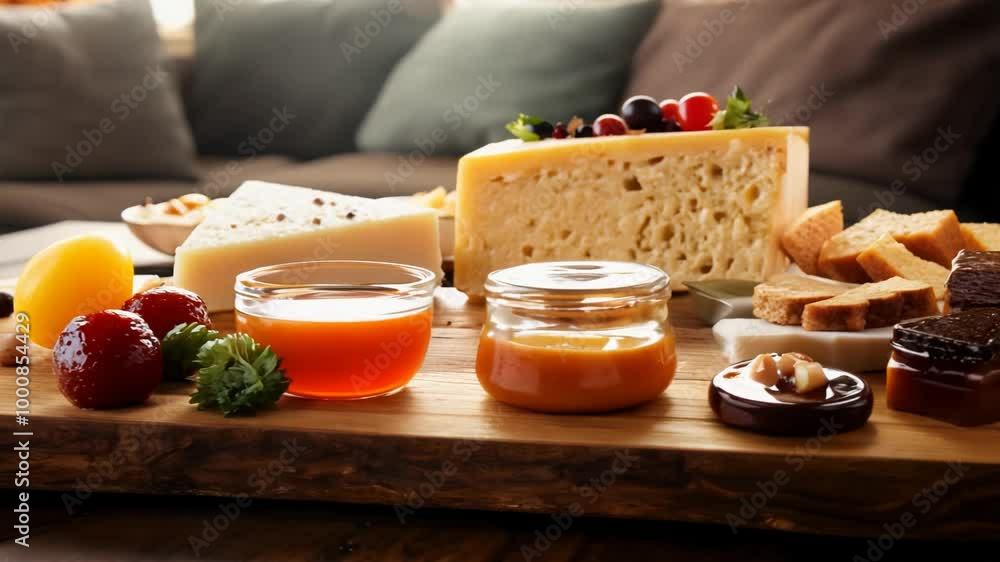Slow zoom out video of a decadent cheese board in soft light, establishing a cozy living room setting. Slow zoom out video of a decadent cheese board in soft light, establishing a cozy living room setting.