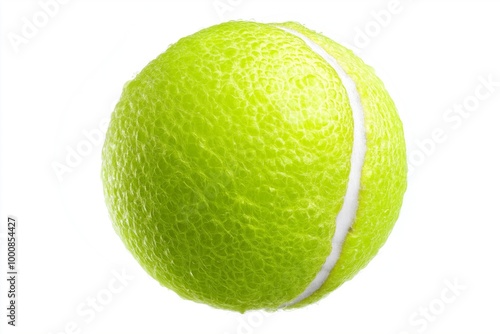 Close-up of a bright green tennis ball with a highly detailed texture, isolated on a white background, showing the fibrous surface and seam for a minimalist and crisp composition photo