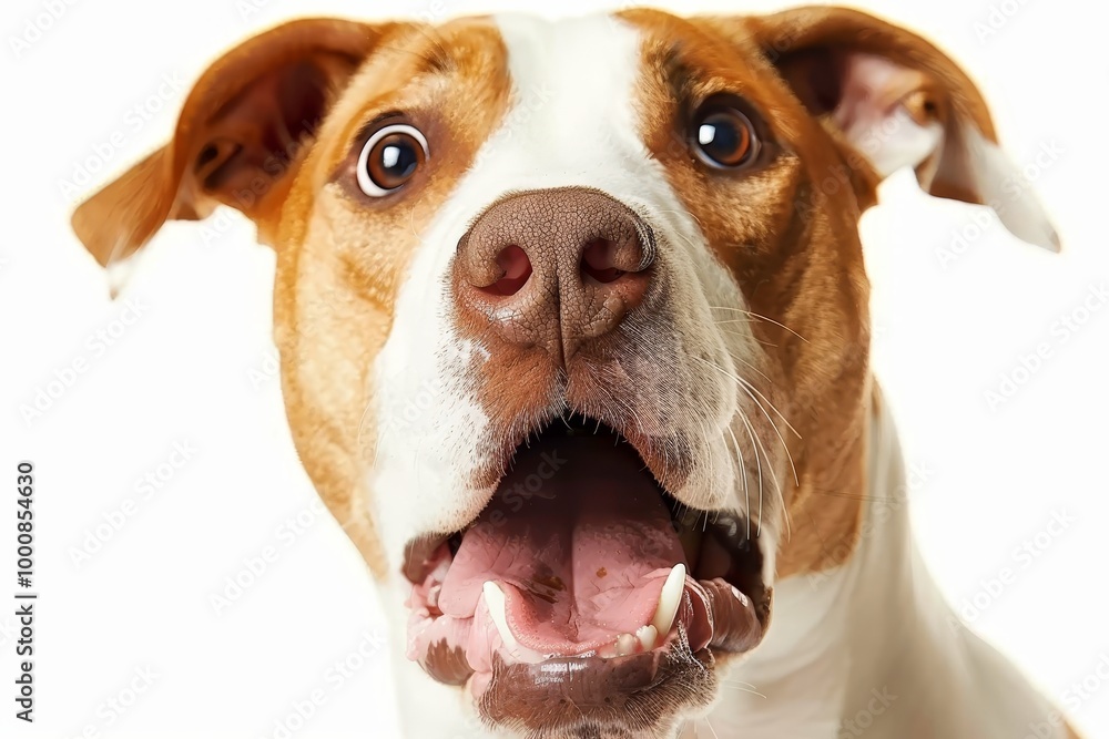 Close up of Funny Dog with wide eyes and open mouth expressing surprise or curiosity. A white background highlights the dogs bright coat and expressive face Close up of Funny Dog with wide eyes and open mouth expressing surprise or curiosity. A white background highlights the dogs bright coat and expressive face