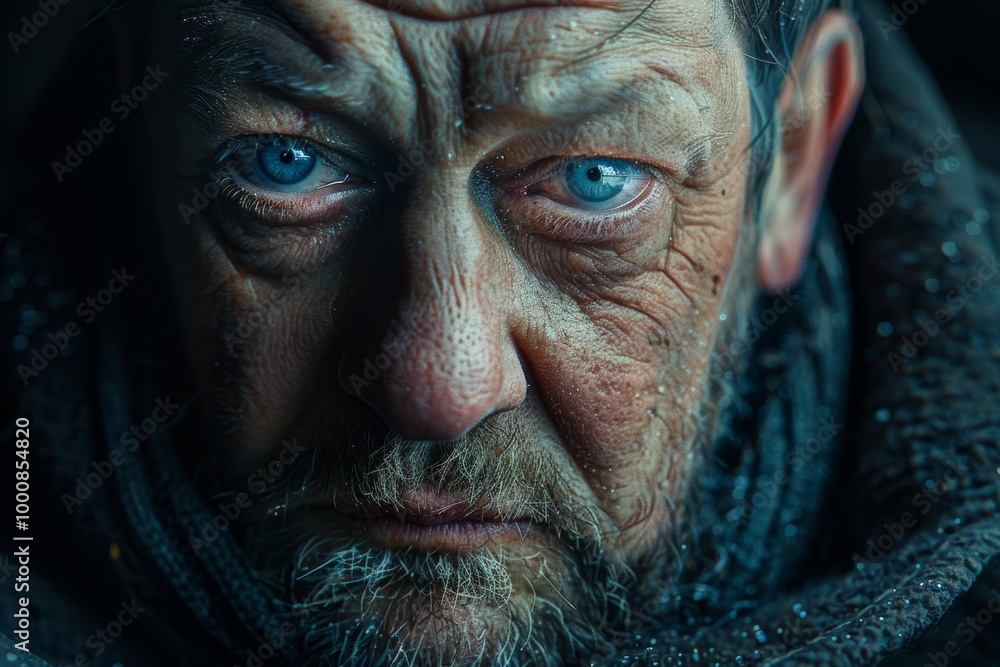 striking close up portrait of an elderly woman with deep wrinkles and piercing blue eyes. dramatic lighting highlights his features, creating a strong and contemplative expression against a dark striking close up portrait of an elderly woman with deep wrinkles and piercing blue eyes. dramatic lighting highlights his features, creating a strong and contemplative expression against a dark