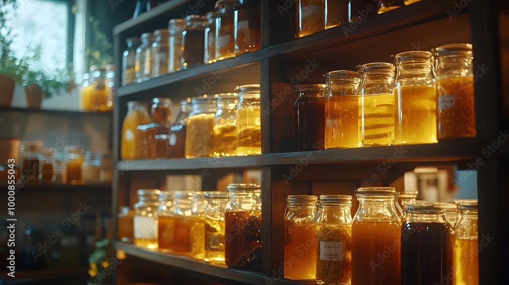 An elegant and well-organized home pantry with shelves filled with jars of homemade jam An elegant and well-organized home pantry with shelves filled with jars of homemade jam