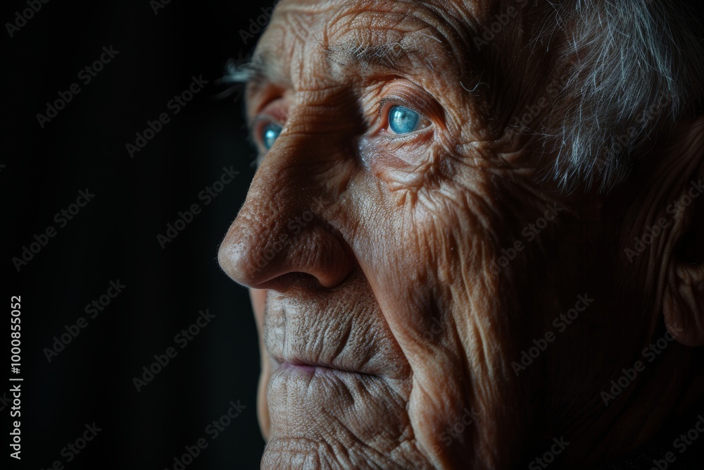 striking close up portrait of an elderly woman with deep wrinkles and piercing blue eyes. dramatic lighting highlights his features, creating a strong and contemplative expression against a dark striking close up portrait of an elderly woman with deep wrinkles and piercing blue eyes. dramatic lighting highlights his features, creating a strong and contemplative expression against a dark