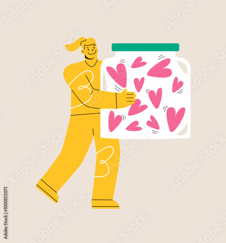 Woman holding in hands glass jar with hearts. Donation and charity concept. Colorful vector illustration