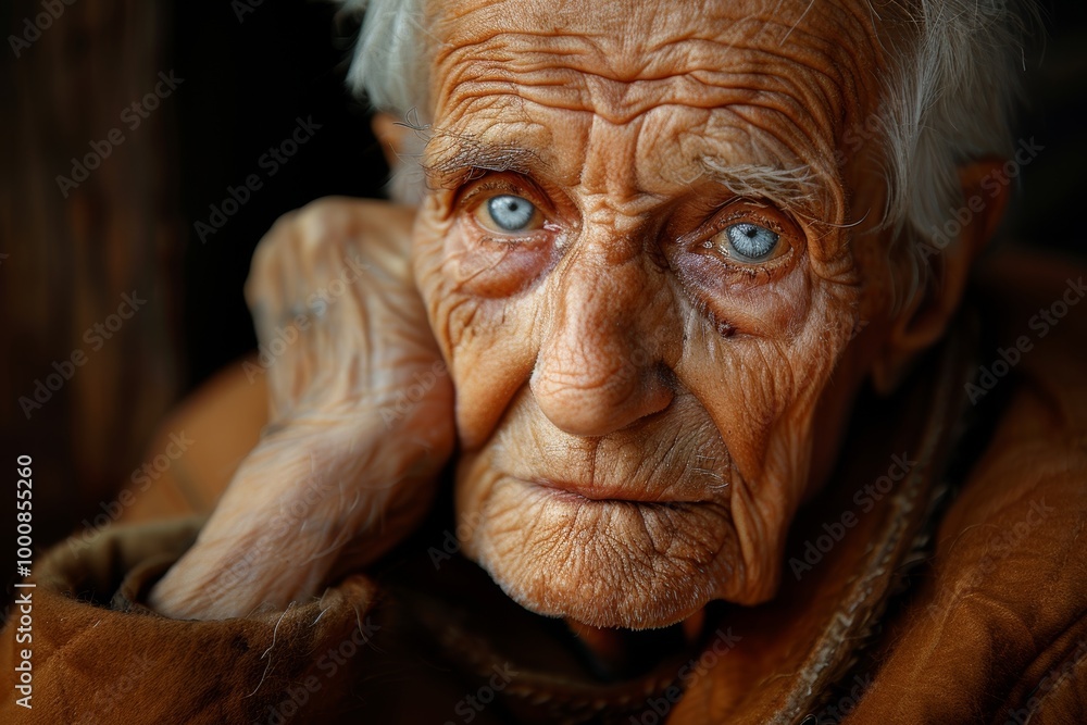 striking close up portrait of an elderly woman with deep wrinkles and piercing blue eyes. dramatic lighting highlights his features, creating a strong and contemplative expression against a dark striking close up portrait of an elderly woman with deep wrinkles and piercing blue eyes. dramatic lighting highlights his features, creating a strong and contemplative expression against a dark