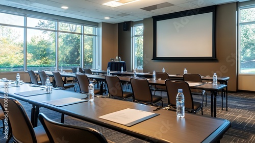 Wallpaper Mural A modern conference room featuring rows of tables, chairs, and water bottles, with large windows providing natural light and a projector screen. Torontodigital.ca