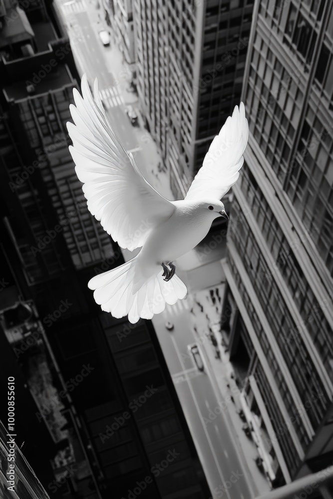 Fototapeta premium White Bird Flying Over City