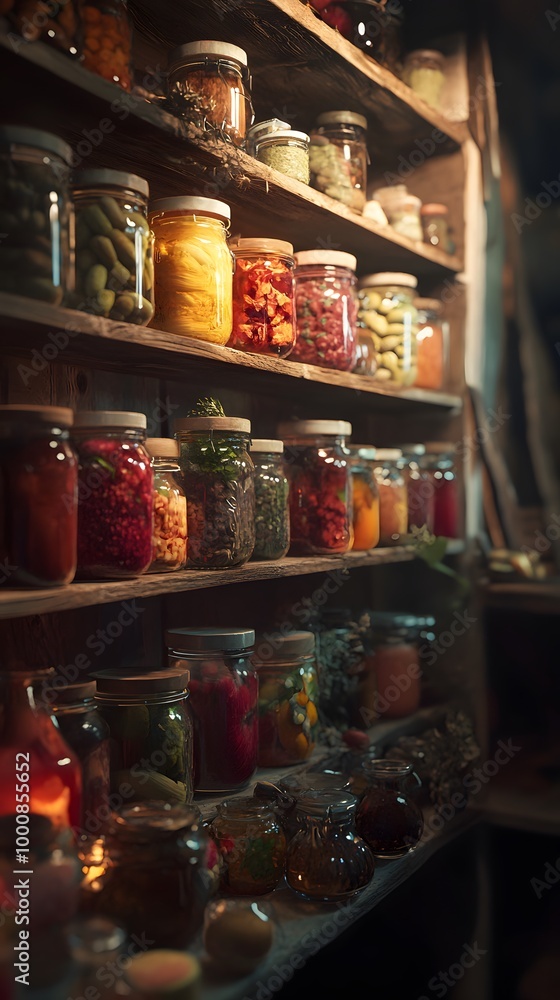 An elegant and well-organized home pantry with shelves filled with jars of homemade jam An elegant and well-organized home pantry with shelves filled with jars of homemade jam