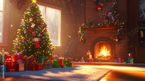 Wallpaper Mural A cozy Christmas scene featuring a decorated tree, colorful gifts, and a warm fireplace, illuminated by soft sunlight streaming through the windows. Torontodigital.ca