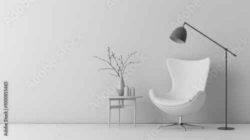 White background with modern design elements, such as a stylish lamp, chair, and small table