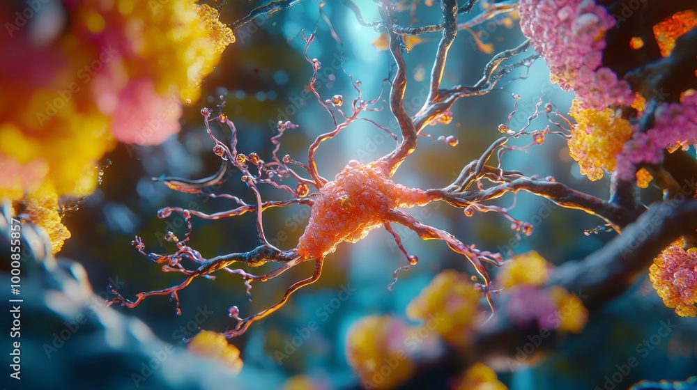 Intricate 3D Visualization of a Neuron with Vibrant Axon and Dendrites in a Colorful Setting Intricate 3D Visualization of a Neuron with Vibrant Axon and Dendrites in a Colorful Setting