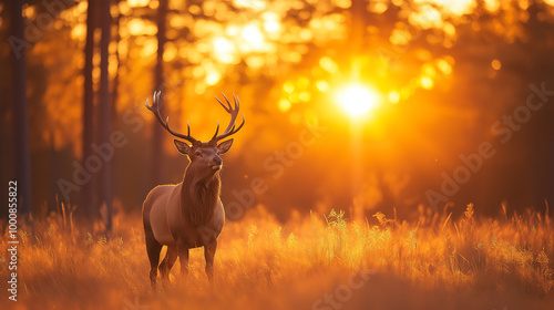 silhouette of a red deer stag in a beautiful forrest clearing.