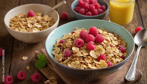 Balanced diet food menu for breakfast with oats porridge bowl with raspberries and honey dipper 4