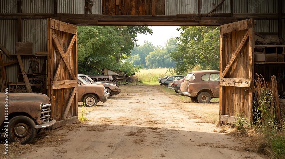 Fototapeta premium Barn doors open wide, revealing rows of well-maintained farm equipment, a blend of old and new