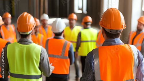 A group of construction workers in safety gear, including helmets and vests, gathers for a meeting on a building site.