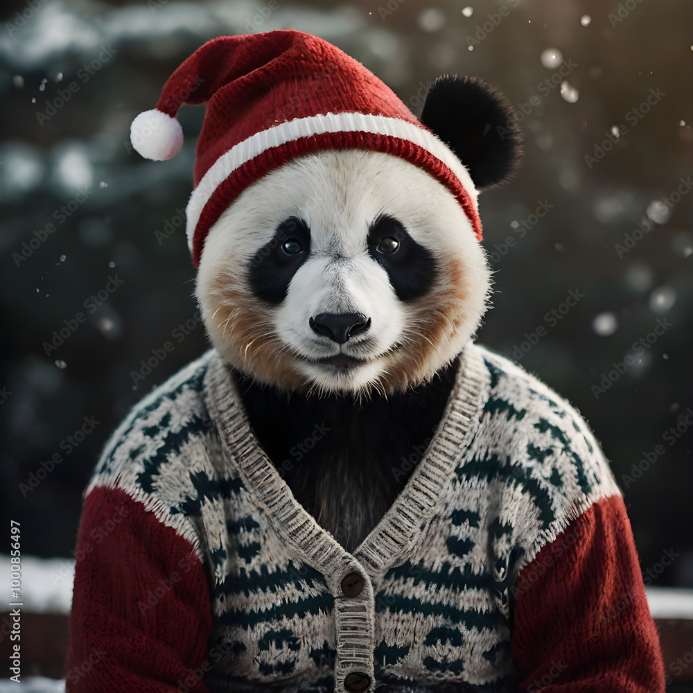 Cute panda bear in red sweater on the forest background during the snowy winter. Cute panda bear in red sweater on the forest background during the snowy winter.