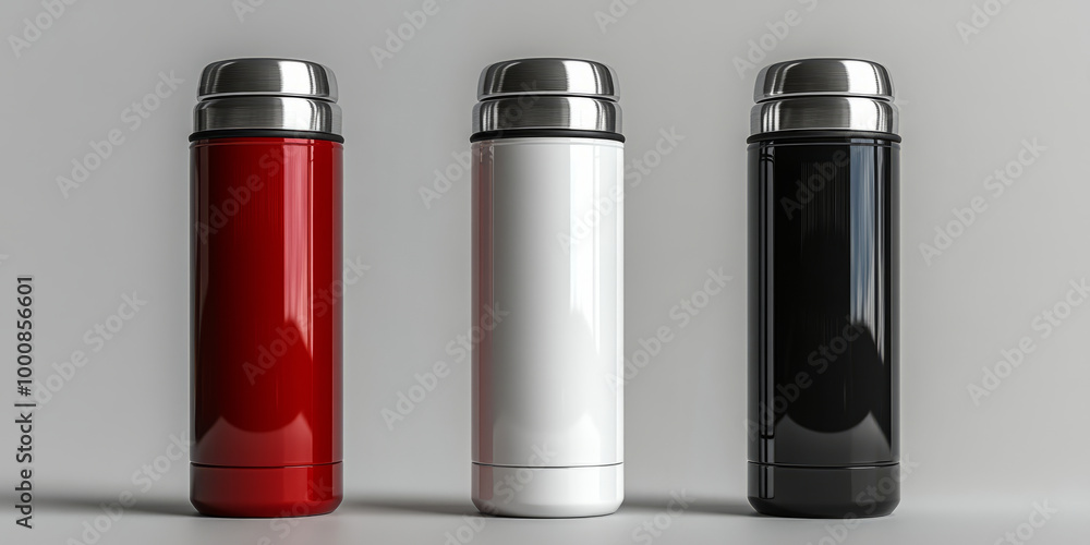 White, Black, Red and Silver Empty Glossy Metal Thermos Water Bottle White, Black, Red and Silver Empty Glossy Metal Thermos Water Bottle