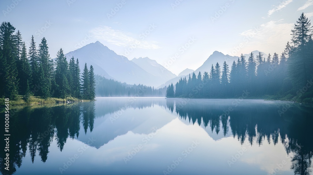 A serene landscape featuring a tranquil lake surrounded by mountains and dense pine trees, illuminated by soft morning light. A serene landscape featuring a tranquil lake surrounded by mountains and dense pine trees, illuminated by soft morning light.