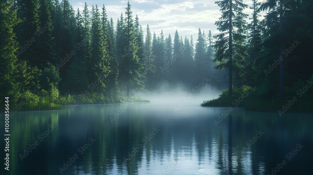 Serene forest scene with tall trees reflected in a misty lake, evoking tranquility and the beauty of nature at dawn. Serene forest scene with tall trees reflected in a misty lake, evoking tranquility and the beauty of nature at dawn.