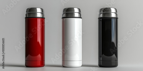 White, Black, Red and Silver Empty Glossy Metal Thermos Water Bottle