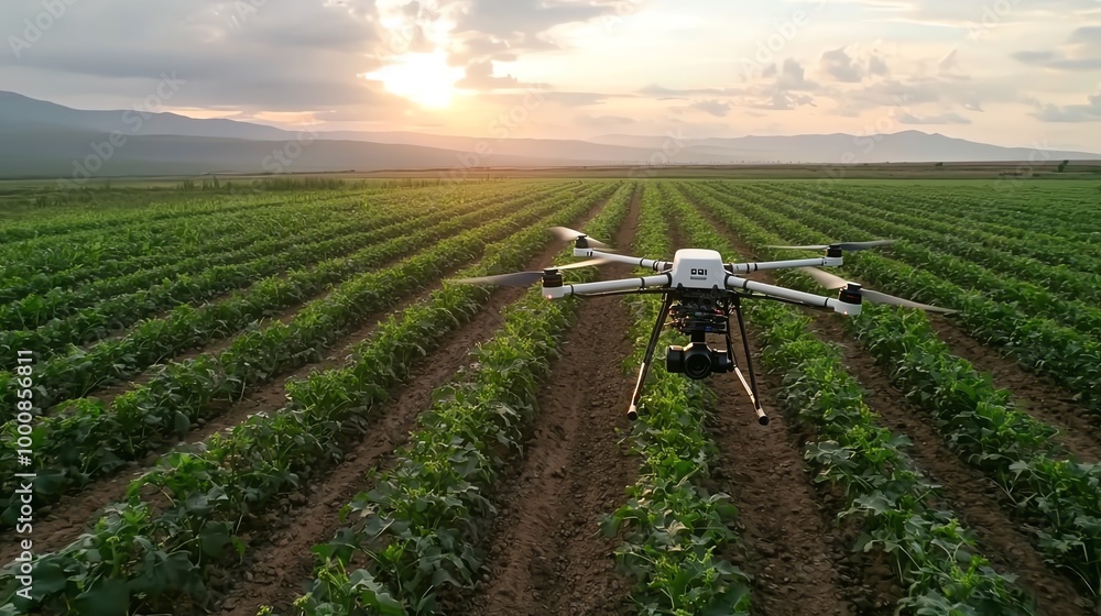 Drone circling overhead as rows of crops are irrigated in perfect synchronization Drone circling overhead as rows of crops are irrigated in perfect synchronization