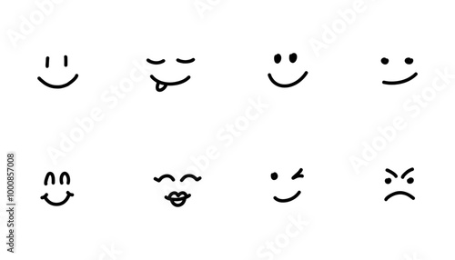Simple Faces. Vector Happy Doodle Smile, cartoon emoticons set on White Background. Joyful and cheerful mood
