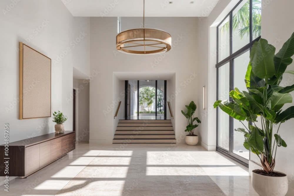 Fototapeta premium Chic modern foyer with a stunning light fixture and elegant decor in a contemporary home