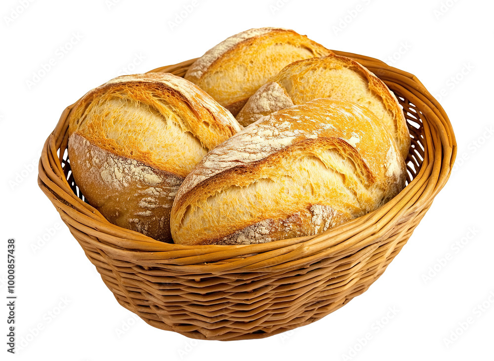 Freshly baked bread rolls in a wicker basket, isolated on transparent cutout background Freshly baked bread rolls in a wicker basket, isolated on transparent cutout background