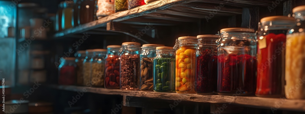 An elegant and well-organized home pantry with shelves filled with jars of homemade jam An elegant and well-organized home pantry with shelves filled with jars of homemade jam