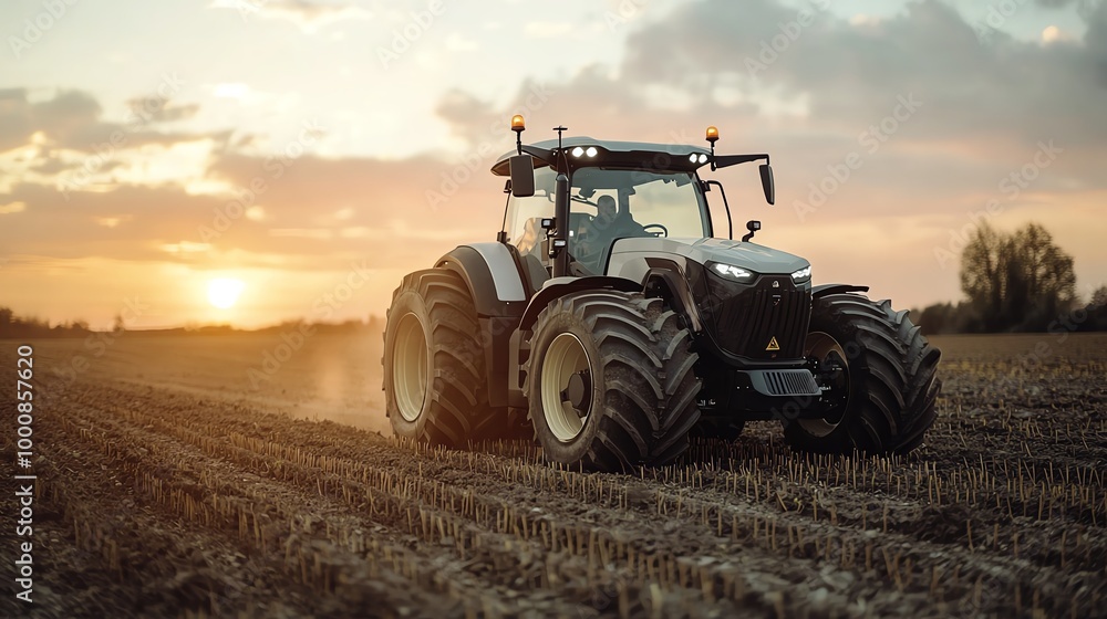 Obraz premium High-tech autonomous tractor plowing fields under a pink sunrise, the future of agriculture