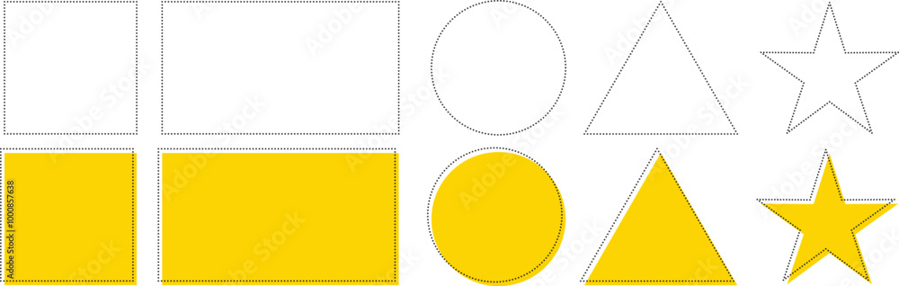 Dash line shapes Isolated on white background. Dashed outline of circle, square, star, triangle for coupon. Design of border for basic geometric shapes. Icon of cut frame. Vector. Dash line shapes Isolated on white background. Dashed outline of circle, square, star, triangle for coupon. Design of border for basic geometric shapes. Icon of cut frame. Vector.