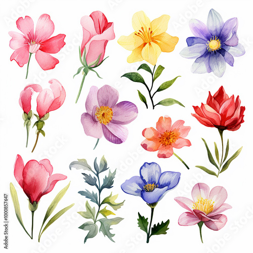 Wallpaper Mural Watercolor Flower Clipart Set on White Background Torontodigital.ca