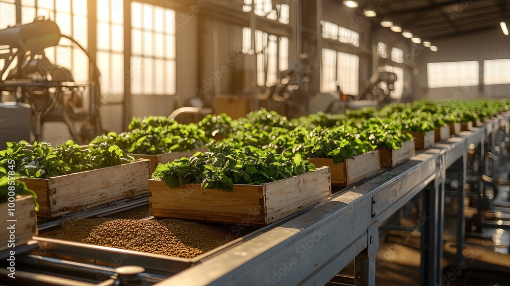 Modern barn with automated sorting equipment processing freshly picked crops Modern barn with automated sorting equipment processing freshly picked crops