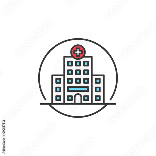 This icon represents a multi-story hospital building, featuring numerous windows, a central entrance, and a red circle with a white cross at the top. It signifies medical and pharmacy services.